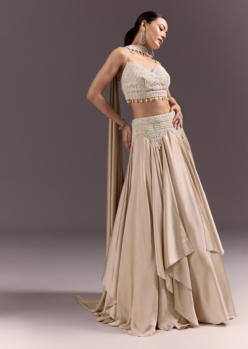 Beige Frill Skirt And Embroidered Blouse Set With Choker Dupatta