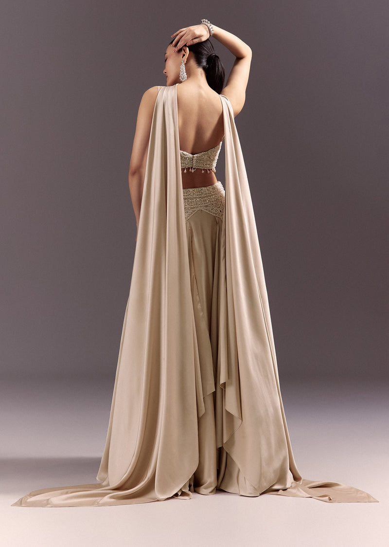 Beige Frill Skirt And Embroidered Blouse Set With Choker Dupatta