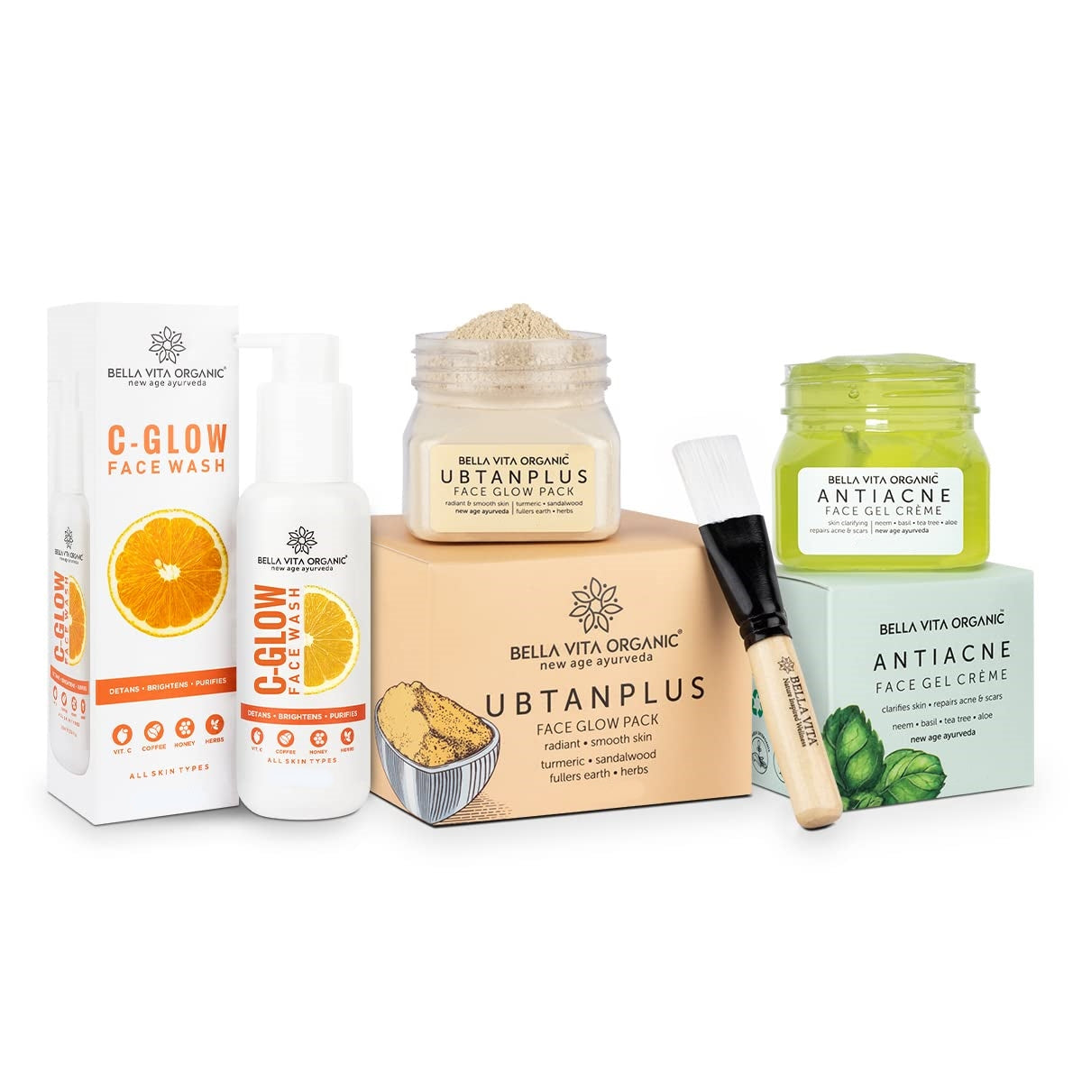 A collection of Bella Vita Organic skincare products including C-Glow Face Wash, Anti Acne Face Gel Cream, and Ubtan Plus Face Pack, displayed against a white background.