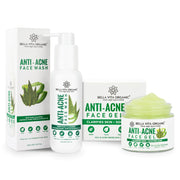 The image displays a Bella Vita Organic Anti Acne Combo set which includes a face wash and face gel. The packaging is predominantly white with green accents, featuring images of neem, basil, tea tree, and aloe vera which are ingredients in the products.