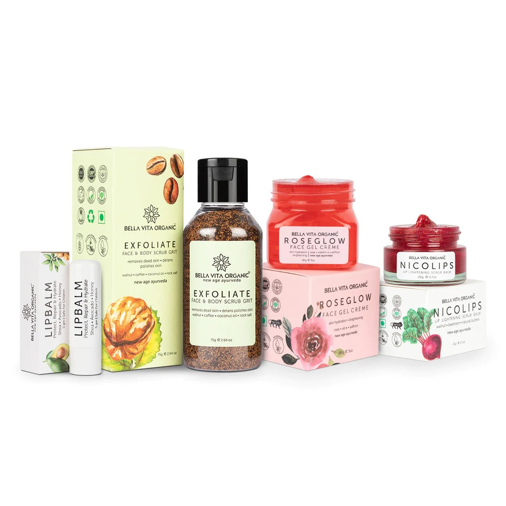 Collection of Bella Vita Organic skincare products on a white background