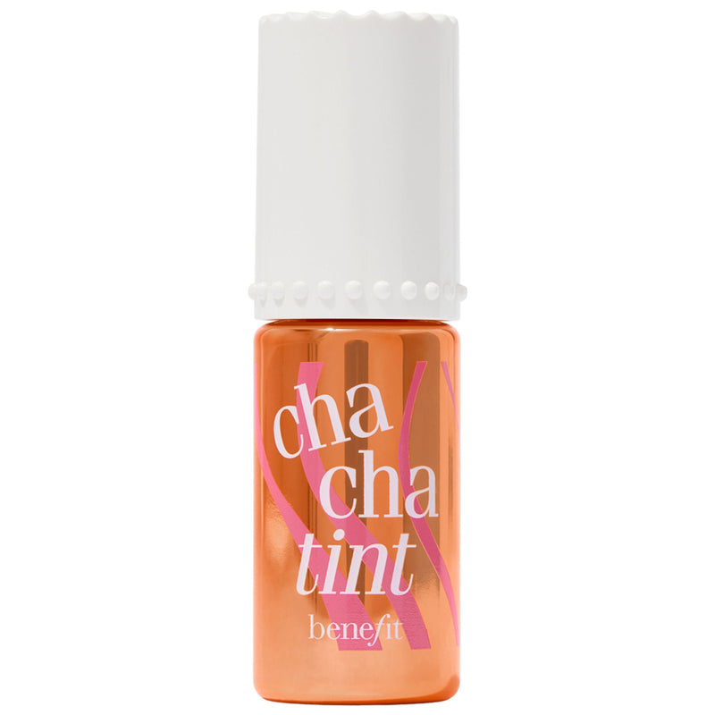 Benefit cha cha tint lip gloss with white cap on a white background