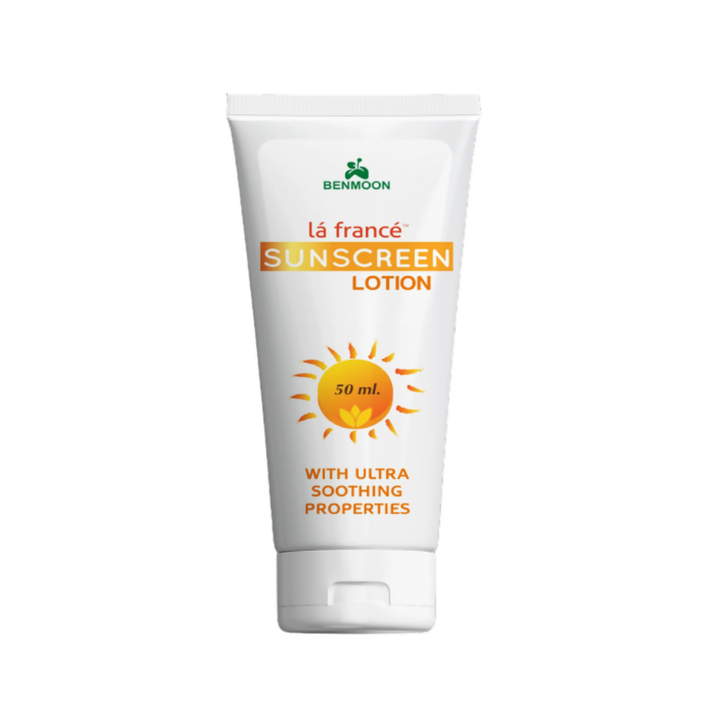 Tube of sunscreen lotion with branding on a white background