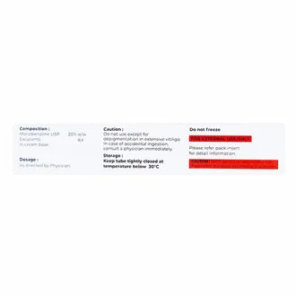 Product label with text and a red bar on a white background