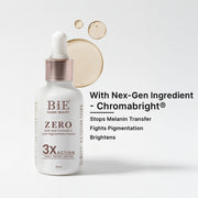 BiE serum bottle with dropper on a white background, featuring text about Nex-Gen ingredient Chromabright.