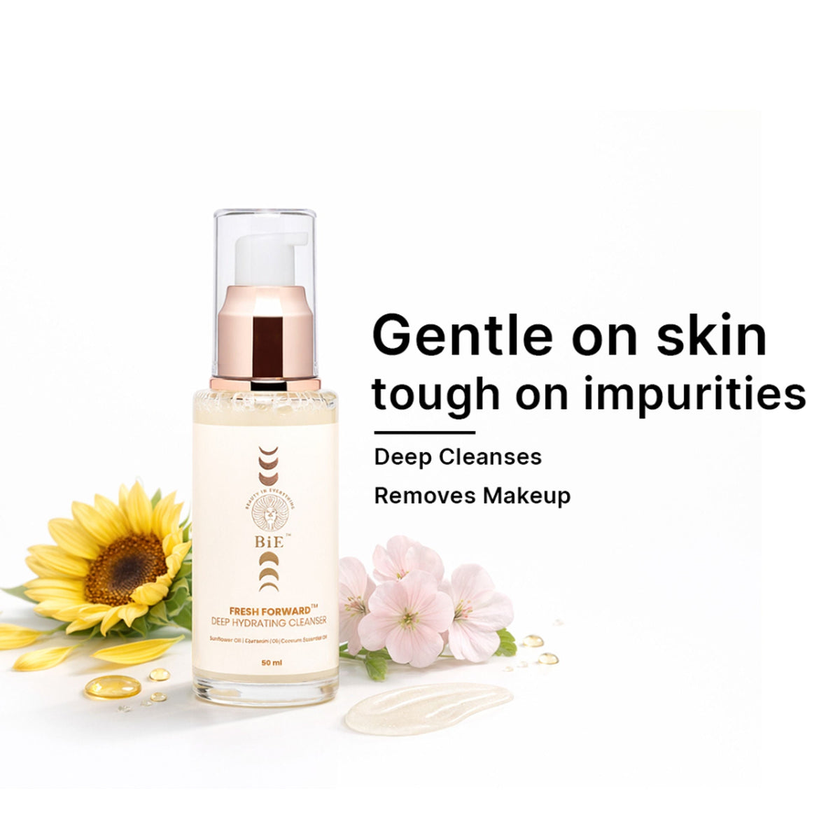 Skincare bottle with sunflower and flowers on a white background