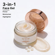 Jar of 3-in-1 face gel with rose gold lid on a white background