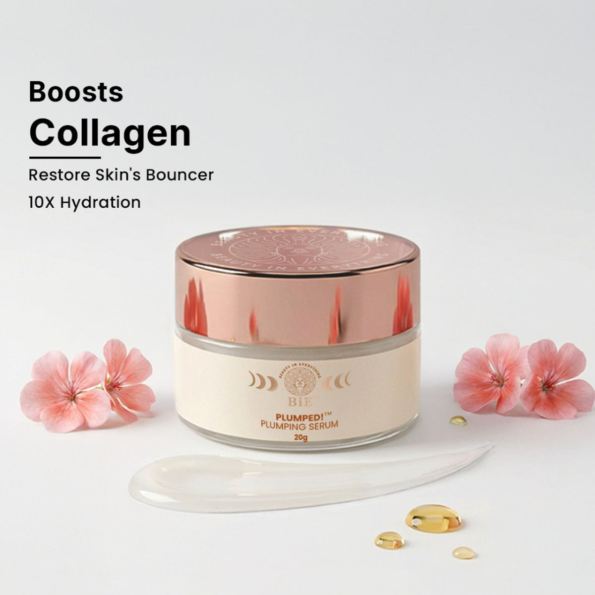 Cosmetic jar with pink flowers on a white background, highlighting collagen boost and hydration benefits.