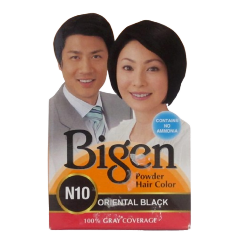 Bigen Powder Hair Color packaging with a man and woman on a white background