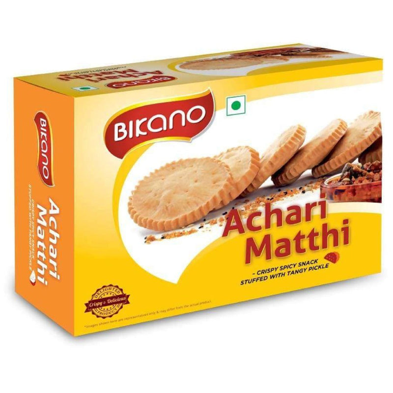 Box of Bikano Achari Matthi cookies with a yellow and orange design.