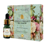 Anashwara Skin Glow Oil with packaging featuring floral designs and Bio Resurge branding.