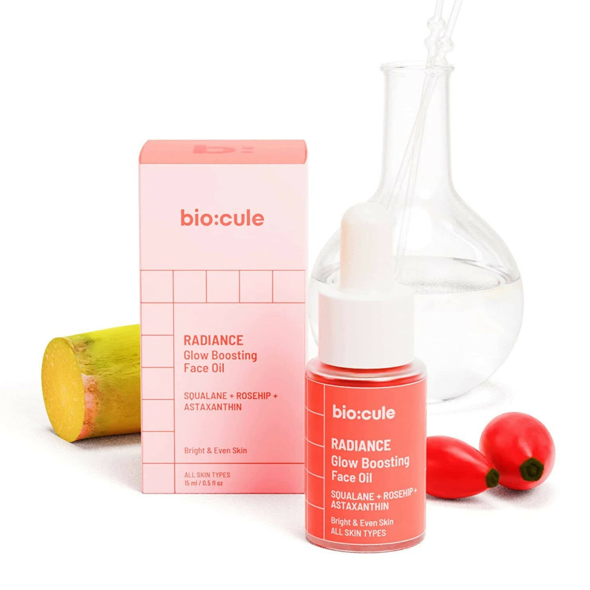 Bio:Cule Radiance Glow Boosting Face Oil with packaging and ingredients on a white background