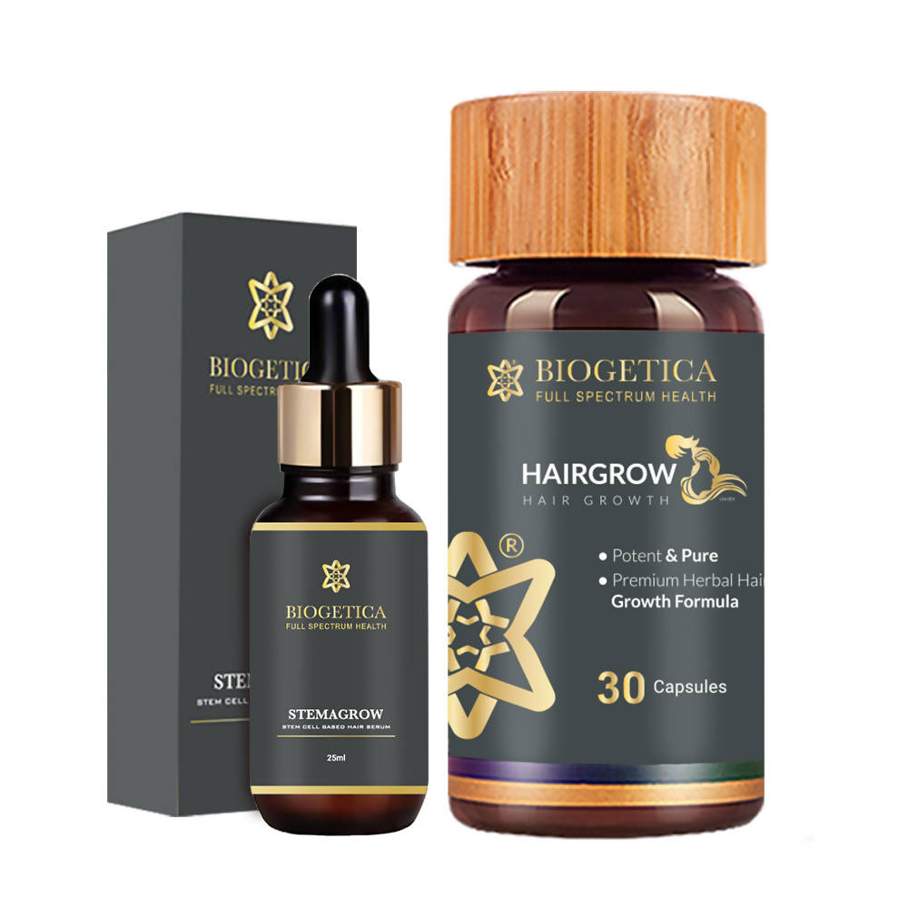 Biogetica hair growth products including a dropper bottle and capsules on a white background