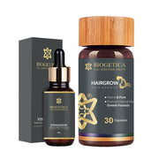 Biogetica hair growth products including a dropper bottle and capsules on a white background
