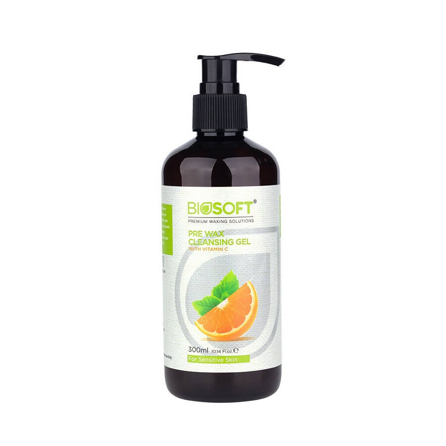 A bottle of Biosoft Pre Wax Cleansing Gel with a pump dispenser, featuring a white label with green and orange accents, and an image of an orange on the label.