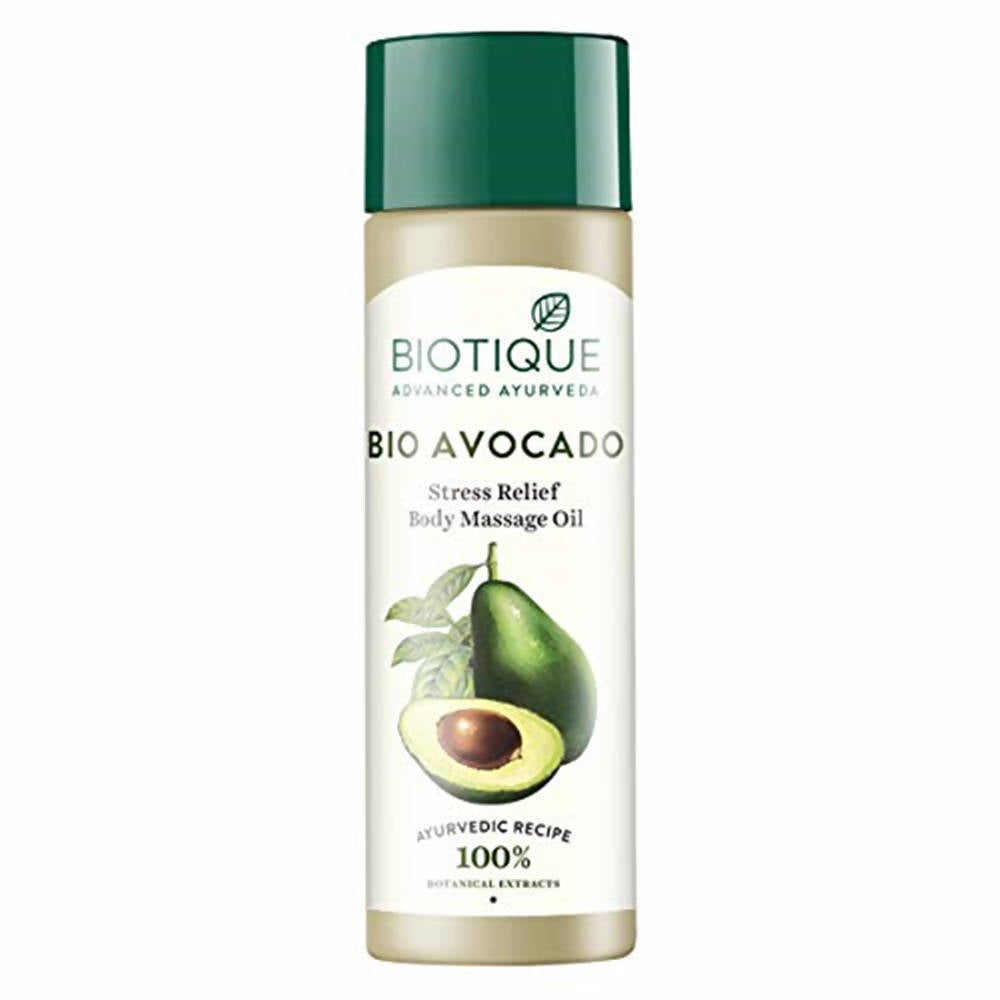Biotique Bio Avocado body massage oil bottle on a white background