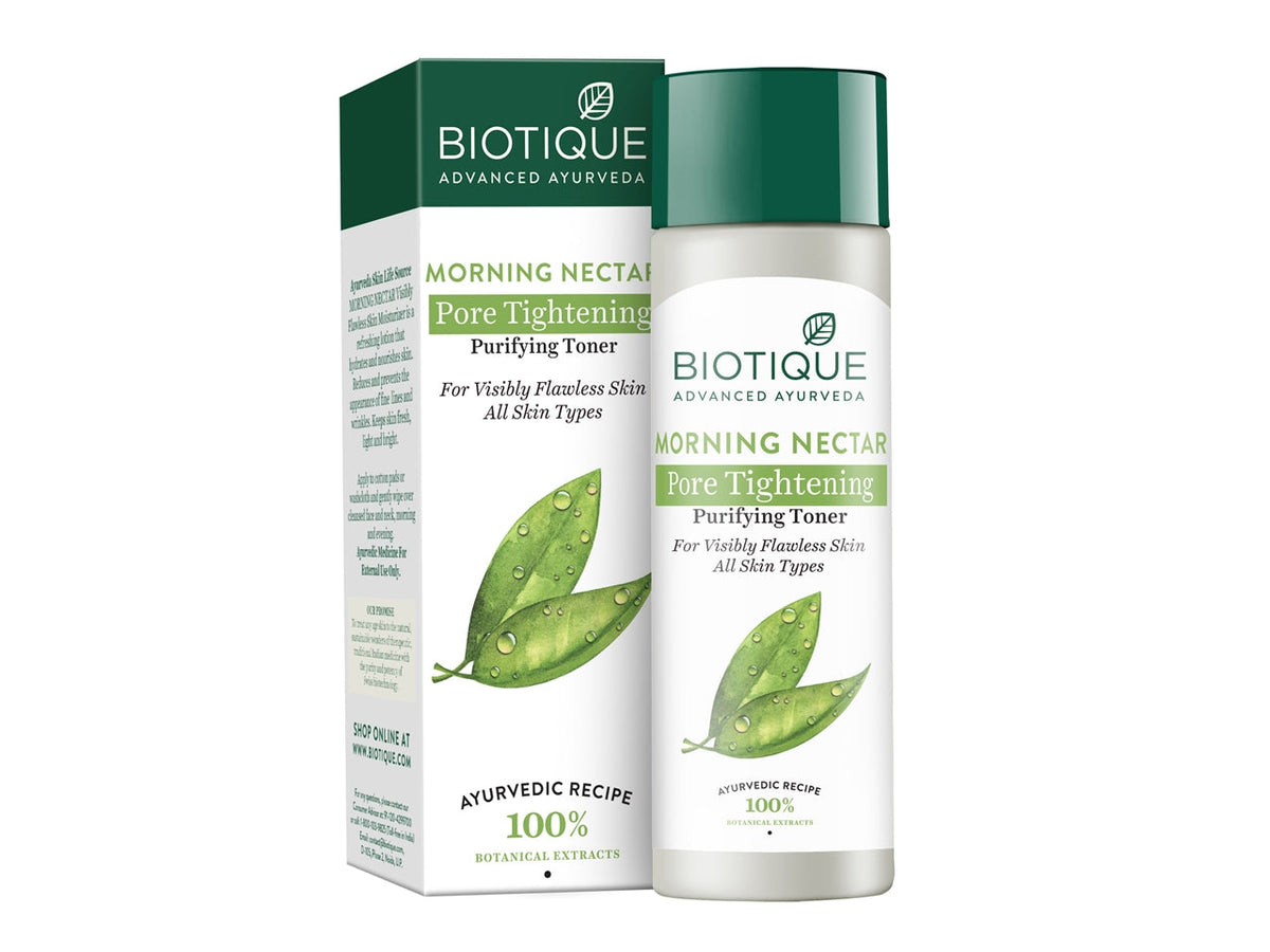 Biotique Morning Nectar Pore Tightening Purifying Toner with packaging on a white background