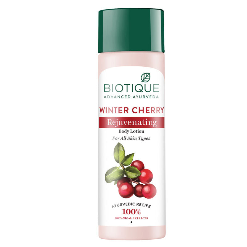 Biotique Winter Cherry Rejuvenating Body Lotion bottle on a white background