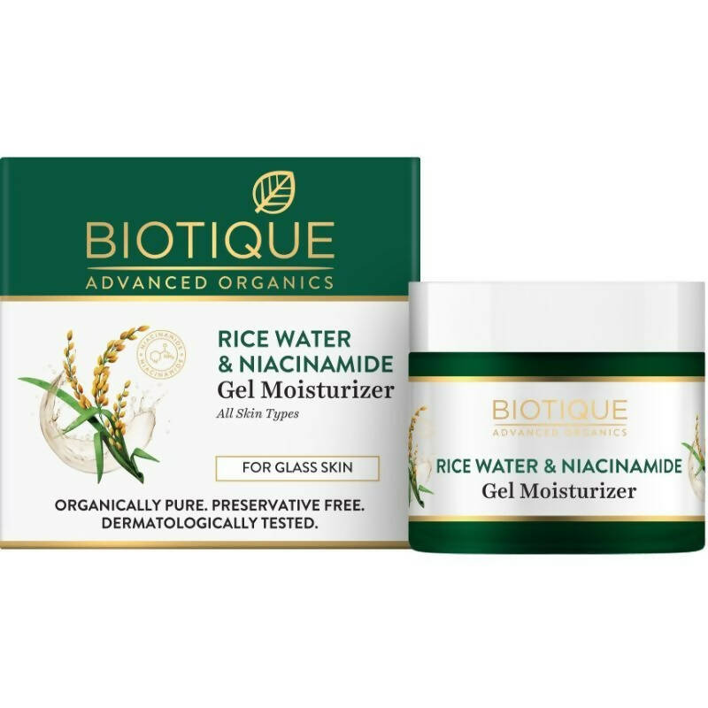 Biotique Rice Water & Niacinamide Gel Moisturizer with packaging on a white background