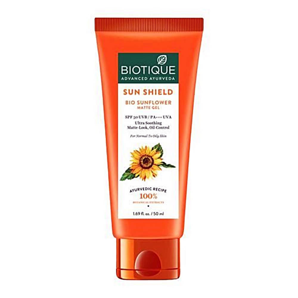 Biotique Sun Shield Bio Sunflower Matte Gel tube on a white background
