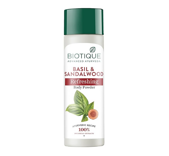 Biotique Basil & Sandalwood Refreshing Body Powder bottle on a white background
