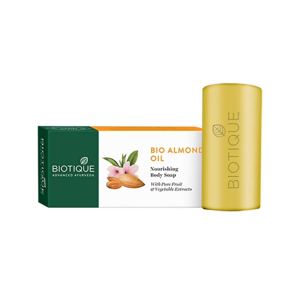 Biotique Bio Almond Oil soap bar and packaging on a white background
