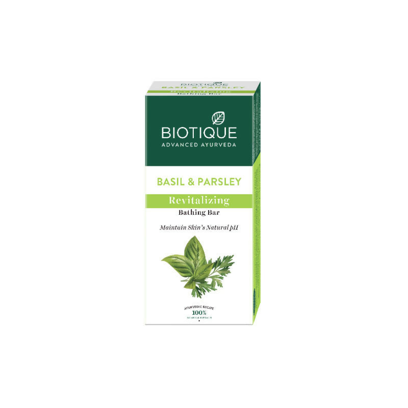 Biotique Basil & Parsley Revitalizing Bathing Bar packaging on a white background