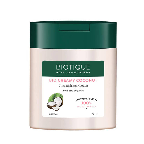 Biotique Bio Creamy Coconut body lotion on a white background