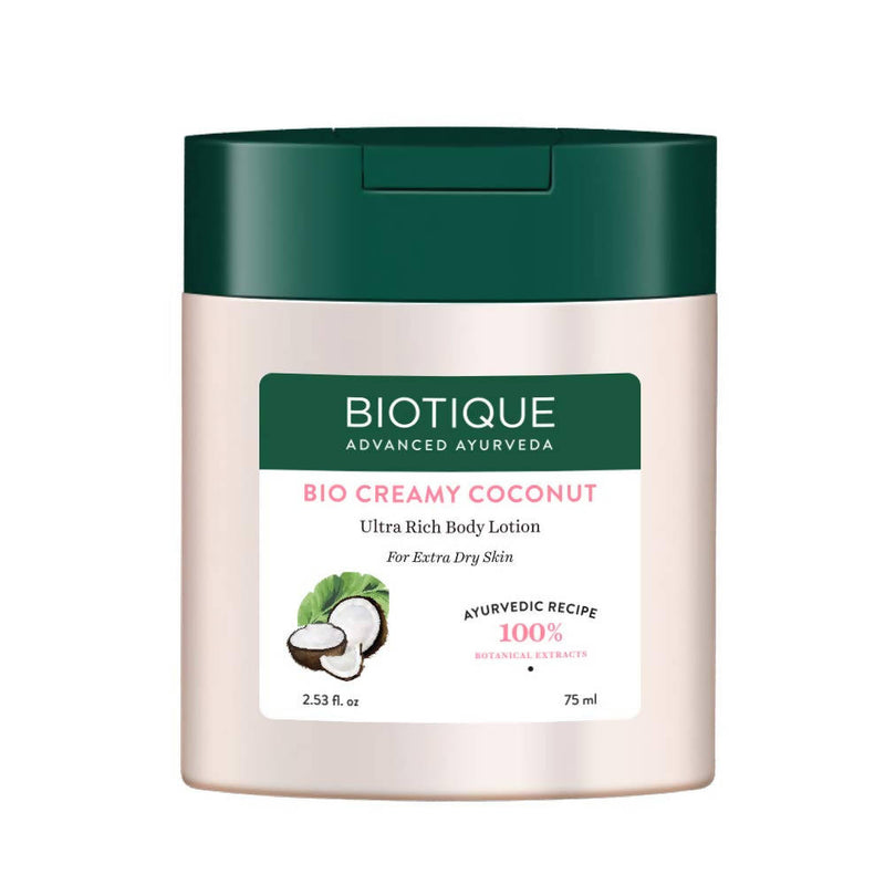 Biotique Bio Creamy Coconut body lotion on a white background