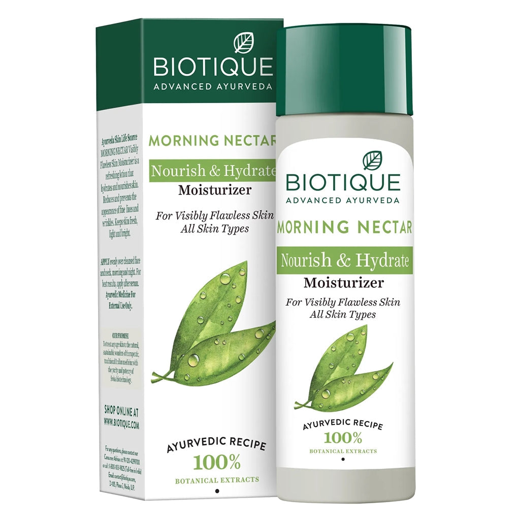 Biotique Morning Nectar moisturizer with packaging on a white background