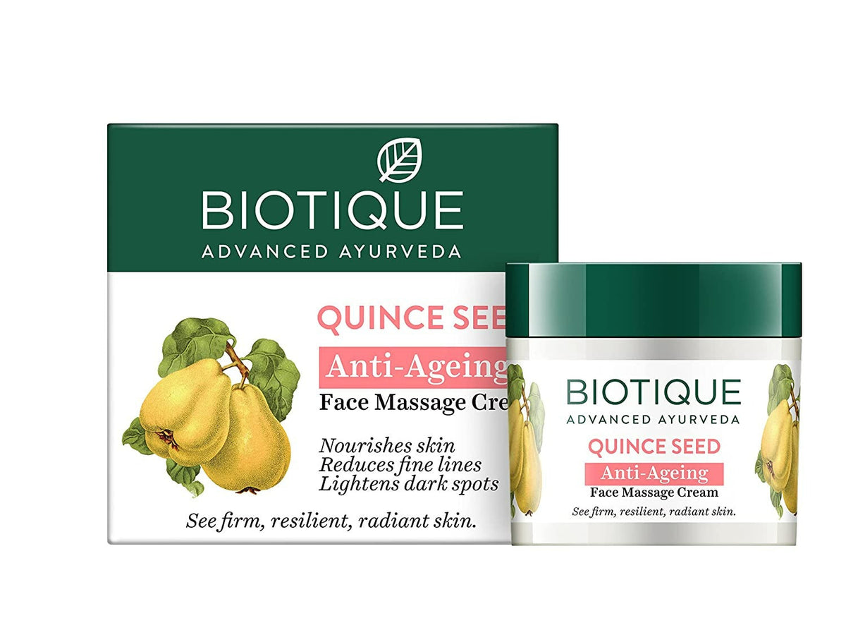 Biotique Quince Seed Anti-Ageing Face Massage Cream packaging on a white background