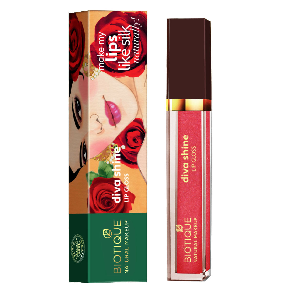 Biotique lip gloss with packaging on a white background