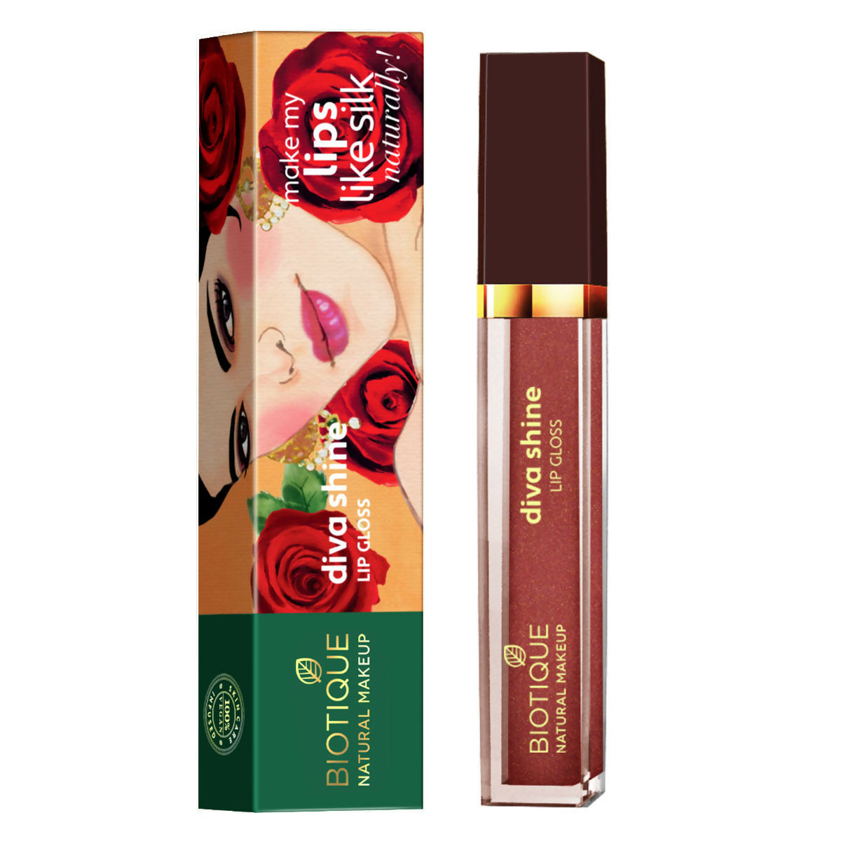 Lip gloss with packaging featuring roses and a woman's face on a white background