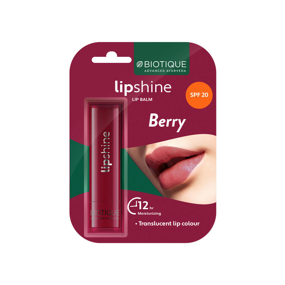 Biotique lipshine berry lip balm packaging on a white background