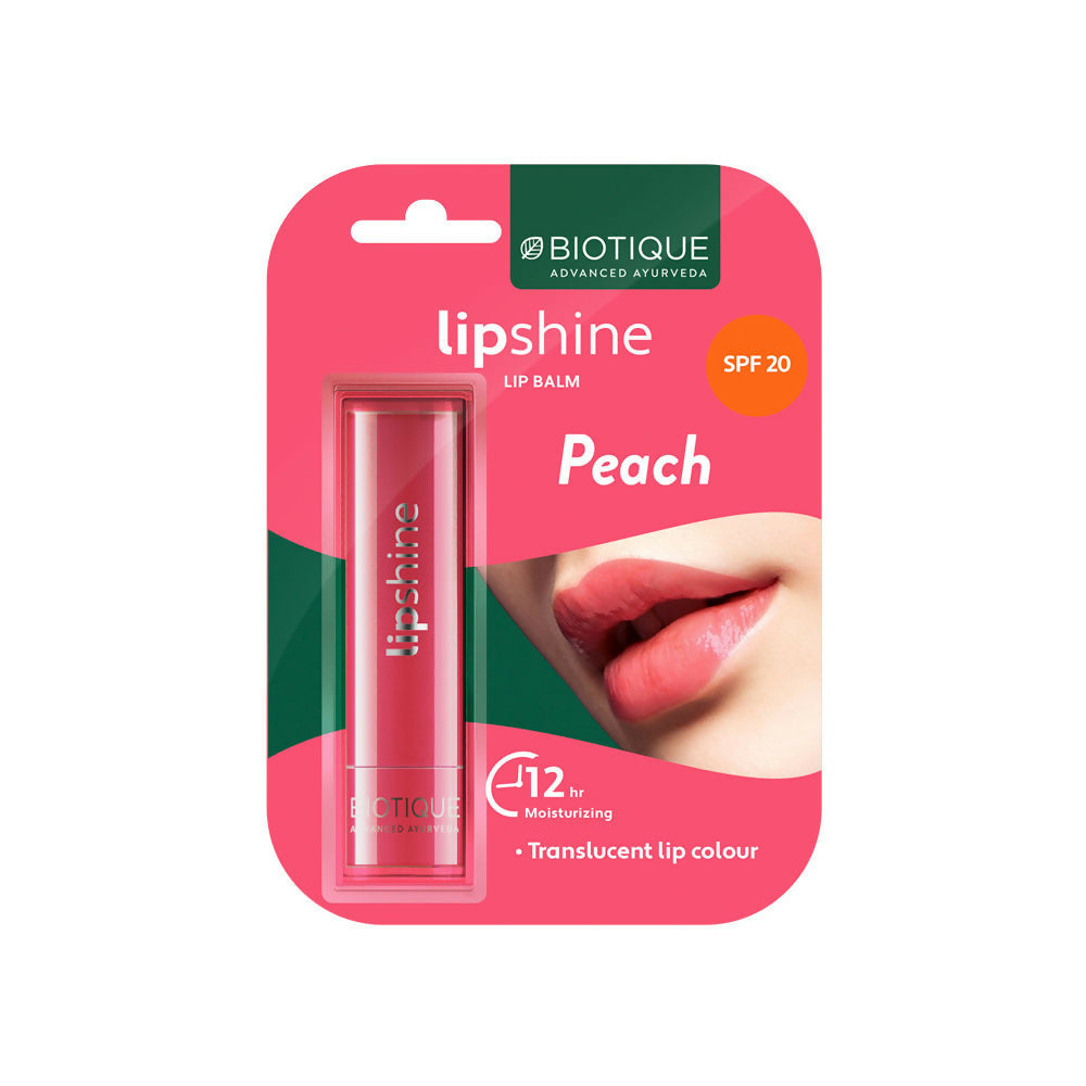 Biotique lipshine lip balm packaging with peach color on a white background