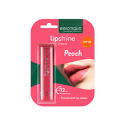 Biotique lipshine lip balm packaging with peach color on a white background