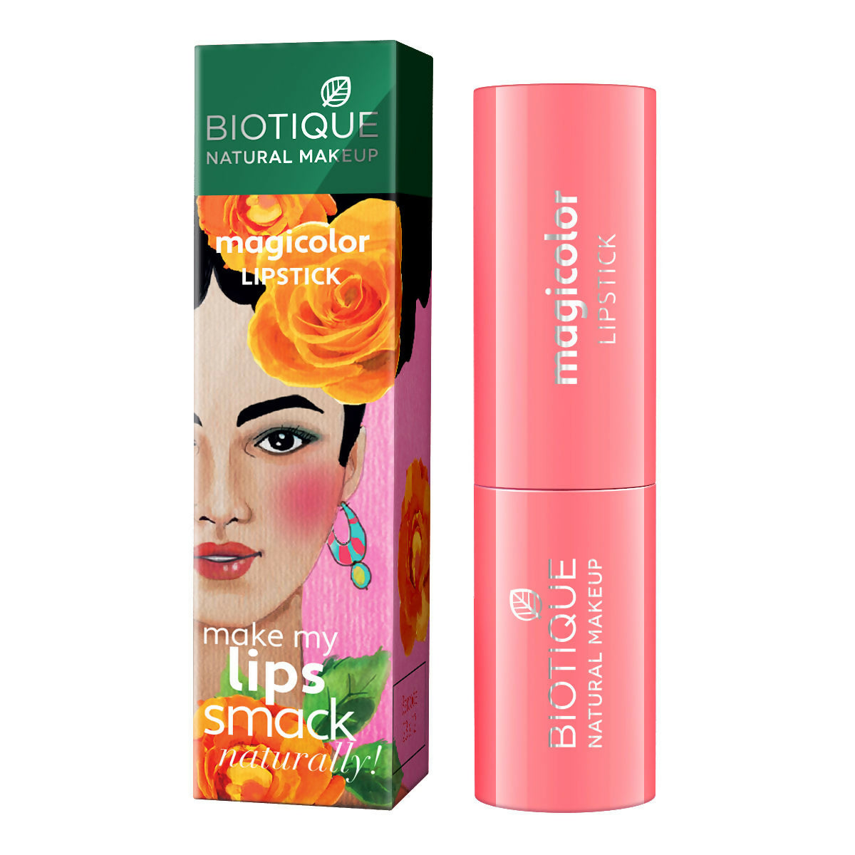 Biotique magicolor lipstick with packaging on a white background