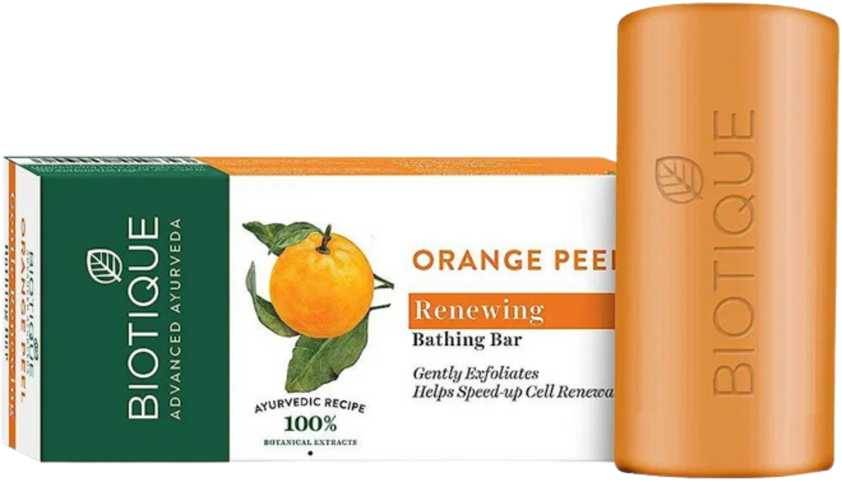 Biotique Orange Peel Renewing Bathing Bar with packaging on a white background