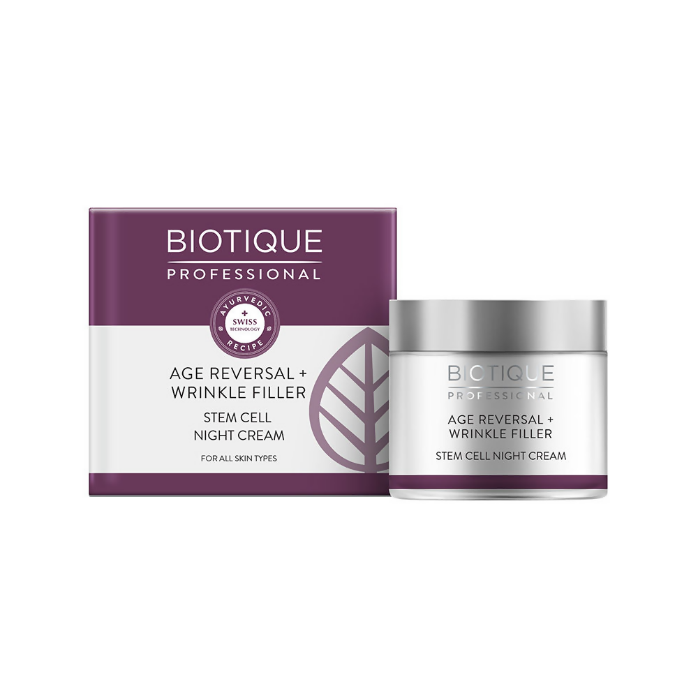Biotique Age Reversal + Wrinkle Filler stem cell night cream with packaging on a white background