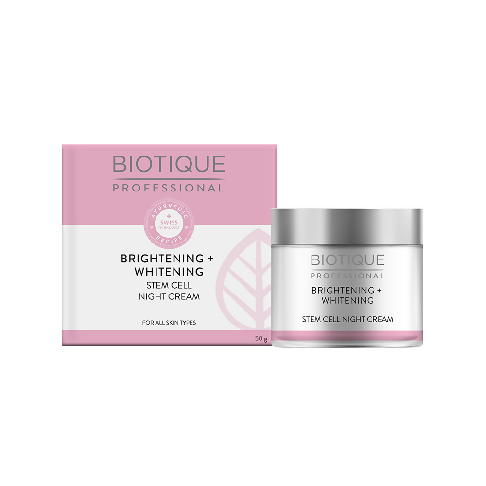 Biotique Brightening + Whitening Stem Cell Night Cream with packaging on a white background