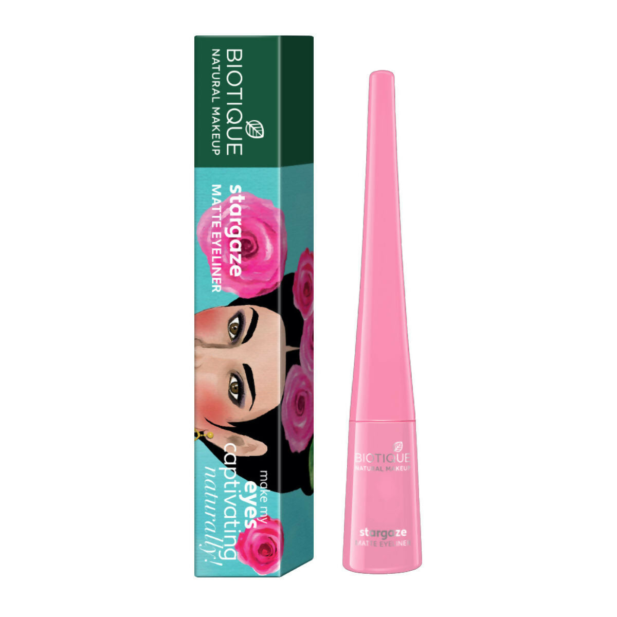 Pink eyeliner pen with Biotique packaging on a white background