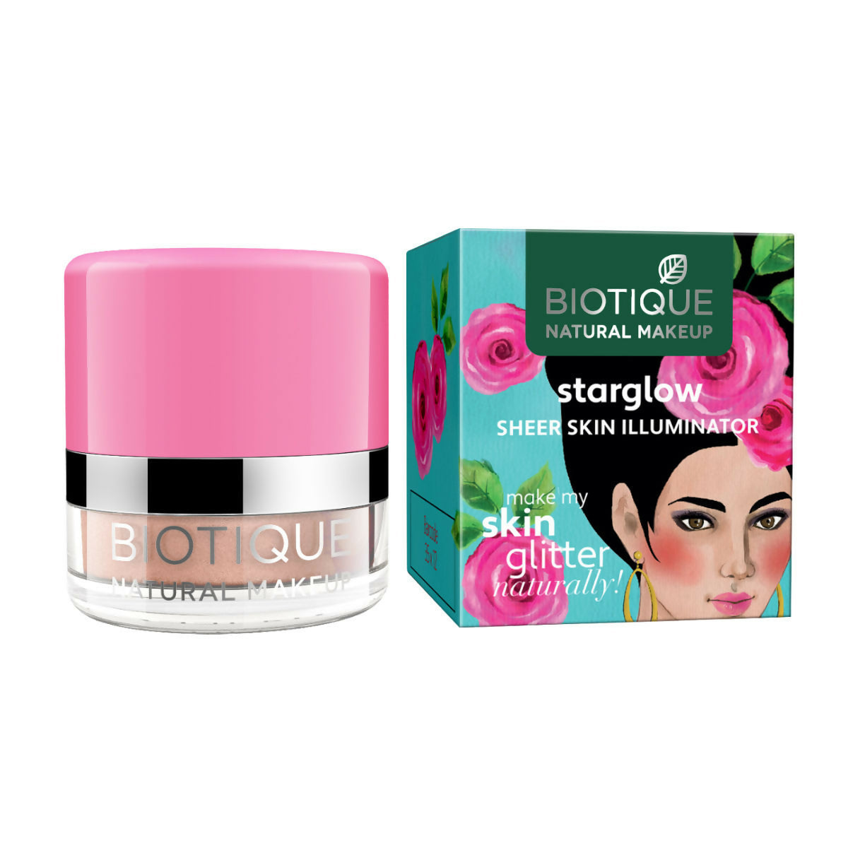 Biotique starglow sheer skin illuminator with pink lid and packaging on a white background