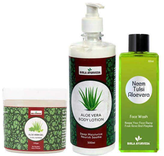 The image displays three products from Birla Ayurveda's winter kit, including a neem tulsi aloe vera face wash in a pump bottle, an aloe vera gel in a white container with green text, and an aloe vera body lotion in a green bottle with a white label.