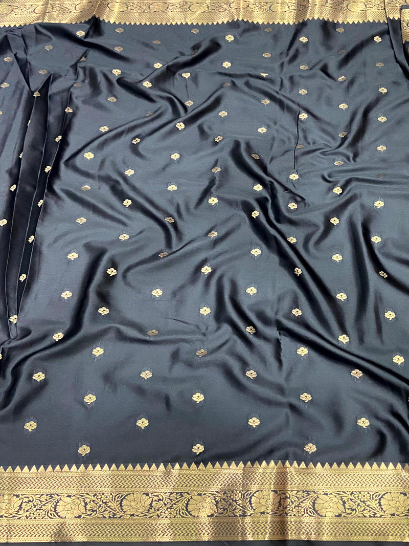 Black Banarasi Soft Satin Masru Mango Silk Saree