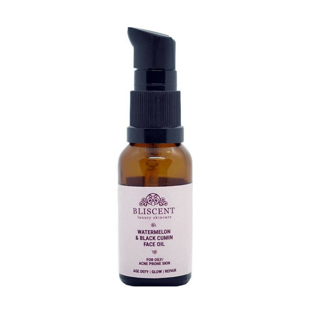 Amber glass bottle with black cap on a white background, featuring Bliscent skincare product.