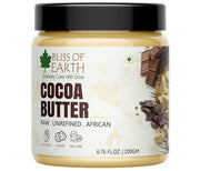 Jar of Bliss of Earth Cocoa Butter with a black lid on a white background
