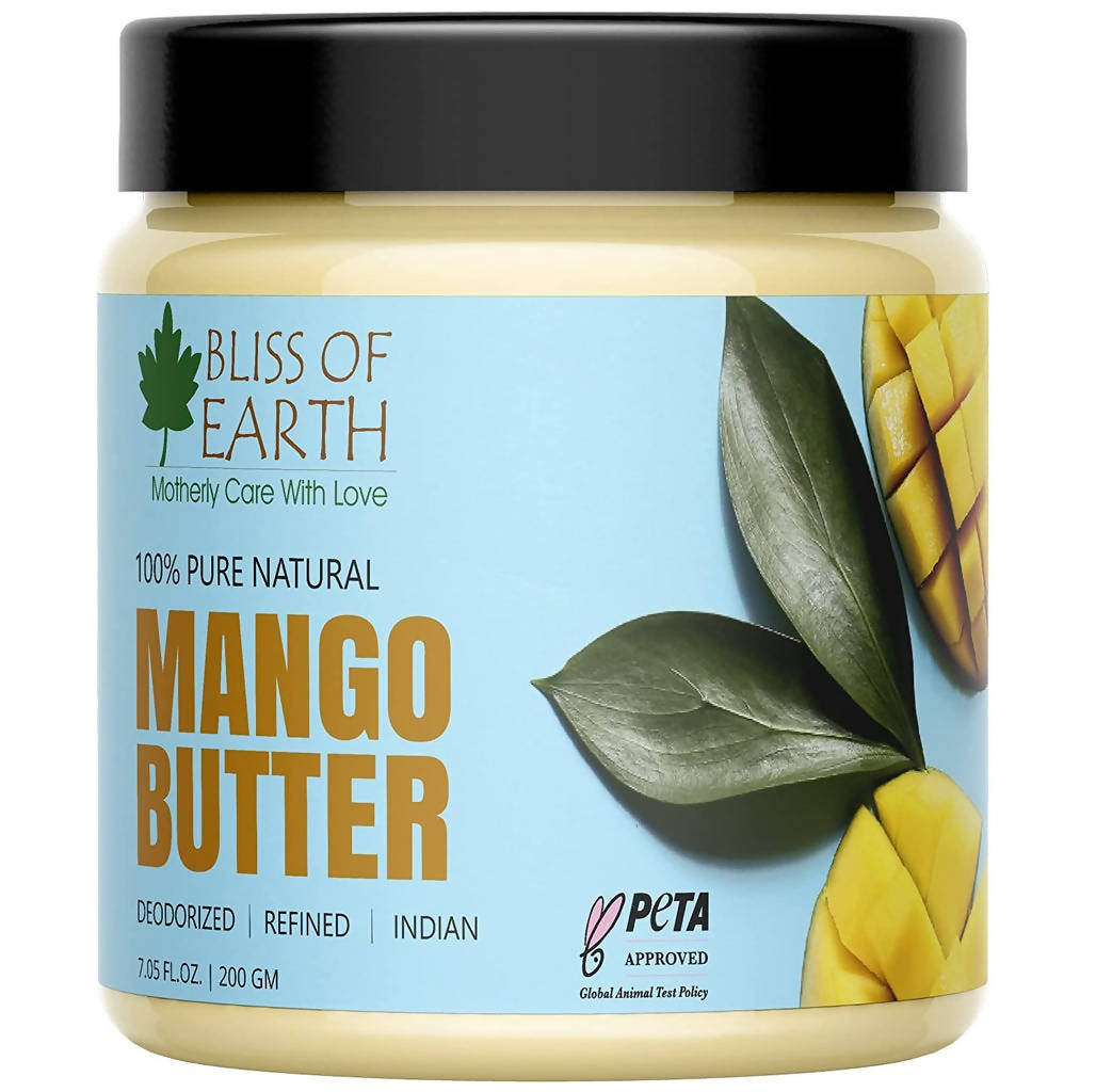 Jar of Bliss of Earth Mango Butter with a black lid on a white background