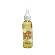 Bottle of almond oil with a white cap on a white background