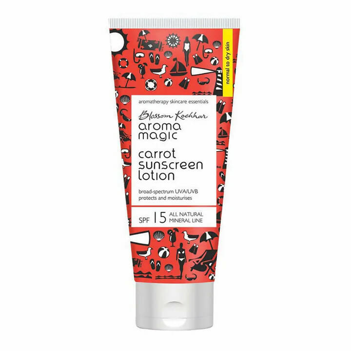 Tube of Aroma Magic carrot sunscreen lotion with a red pattern on a white background