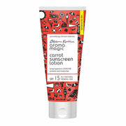 Tube of Aroma Magic carrot sunscreen lotion with a red pattern on a white background